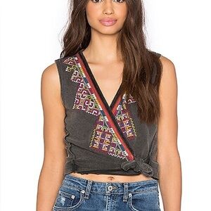 FREE PEOPLE Embroidered Sleeveless Crop Top Tie Front Boho Festival, Charcoal